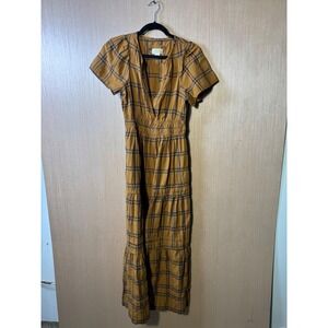 Maeve Anthropologie XS Dress Tiered Plaid Button Mustard Yellow Mini V Neck